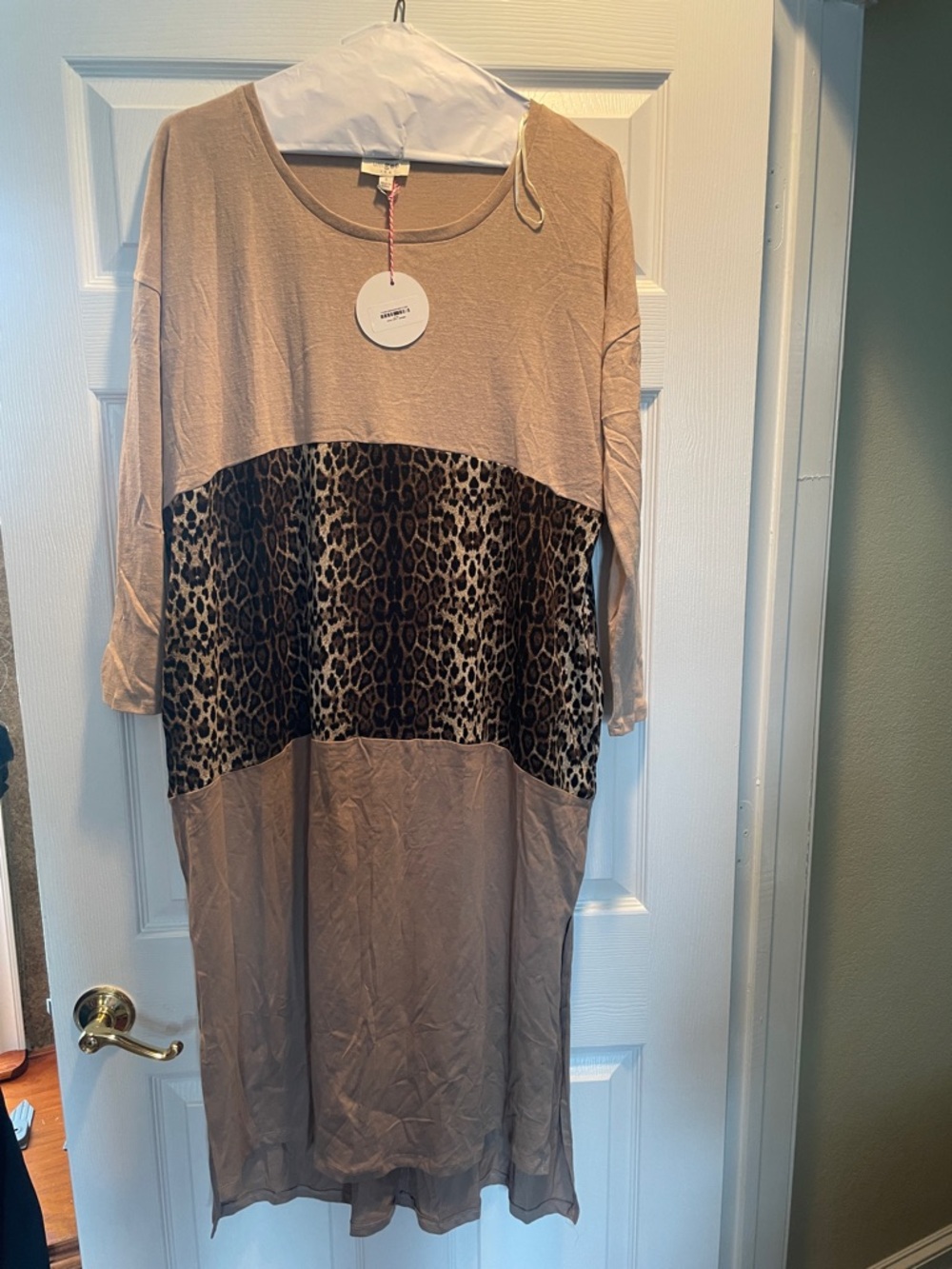 Umgee Beige Long Sleeve Dress with Leopard print panel